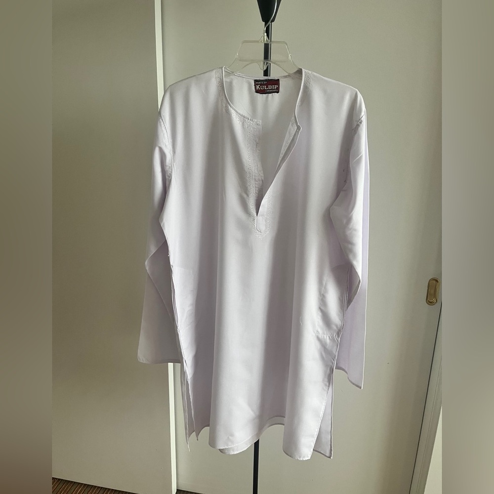 Men's Kurta Tunic White Quality Cotton blend Lucknow Embroidered Kuldeep Large
